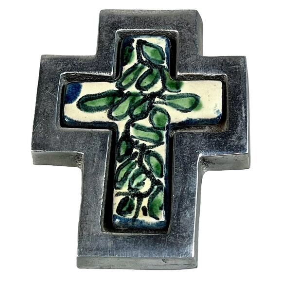 Cruz de Talavera Tile In Pewter Wall Cross - VTG ANN KARY Collectible- Mexico 4” - Picture 5 of 6